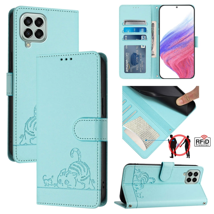 Cat Rat Embossed Pattern RFID Leather Phone Case with Lanyard, For Samsung Galaxy M33 5G Global, For Samsung Galaxy A53 5G, For Samsung Galaxy A73 5G, For Samsung Galaxy A33 5G, For Samsung Galaxy A03 164mm, For Samsung Galaxy A03 166mm                ...