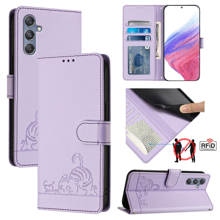 Cat Rat Embossed Pattern RFID Leather Phone Case with Lanyard, For Samsung Galaxy M34 5G/F34 5G, For Samsung Galaxy A25 5G Global, For Samsung Galaxy M54 5G Global/F54 5G, For Samsung Galaxy M14 5G Global, For Samsung Galaxy A24 4G                     ...
