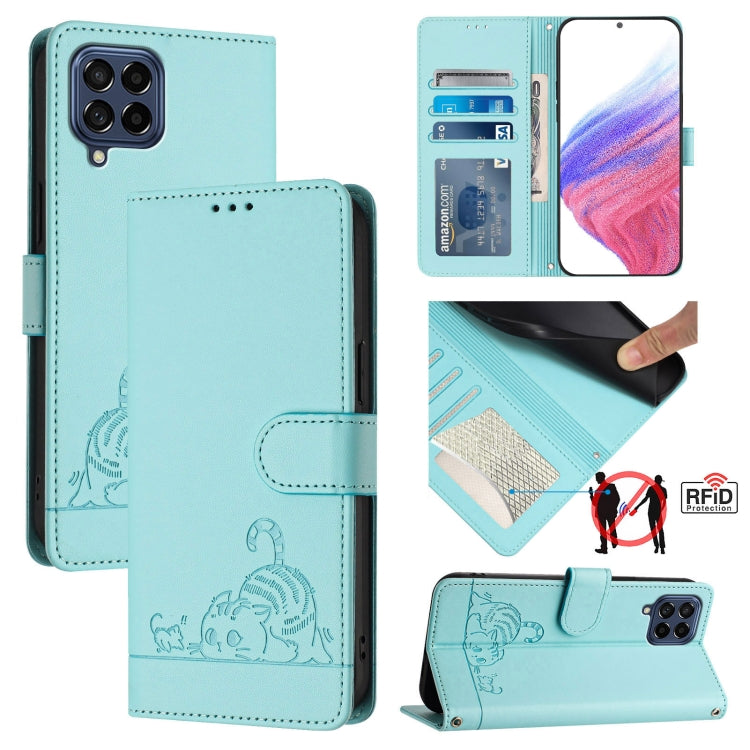 Cat Rat Embossed Pattern RFID Leather Phone Case with Lanyard, For Samsung Galaxy A14 5G/4G, For Samsung Galaxy A34 5G, For Samsung Galaxy A54 5G, For Samsung Galaxy A04 4G/M13 5G, For Samsung Galaxy A13 5G/A13 4G/A04s, For Samsung Galaxy F23 5G/M13 4G...