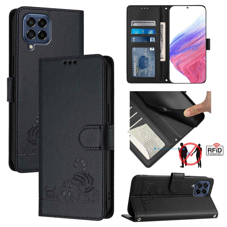 Cat Rat Embossed Pattern RFID Leather Phone Case with Lanyard, For Samsung Galaxy A14 5G/4G, For Samsung Galaxy A34 5G, For Samsung Galaxy A54 5G, For Samsung Galaxy A04 4G/M13 5G, For Samsung Galaxy A13 5G/A13 4G/A04s, For Samsung Galaxy F23 5G/M13 4G...
