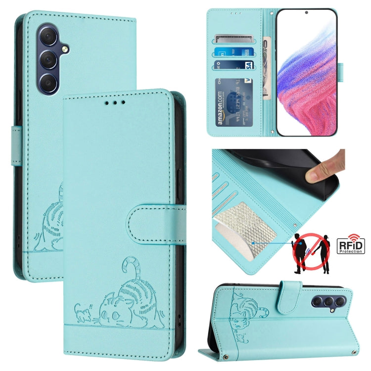 Cat Rat Embossed Pattern RFID Leather Phone Case with Lanyard, For Samsung Galaxy M34 5G/F34 5G, For Samsung Galaxy A25 5G Global, For Samsung Galaxy M54 5G Global/F54 5G, For Samsung Galaxy M14 5G Global, For Samsung Galaxy A24 4G                     ...
