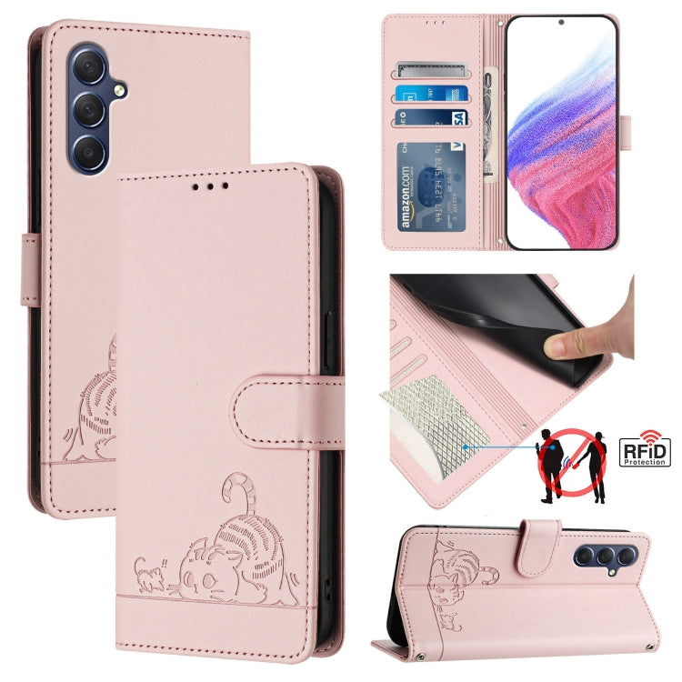 Cat Rat Embossed Pattern RFID Leather Phone Case with Lanyard, For Samsung Galaxy M34 5G/F34 5G, For Samsung Galaxy A25 5G Global, For Samsung Galaxy M54 5G Global/F54 5G, For Samsung Galaxy M14 5G Global, For Samsung Galaxy A24 4G                     ...