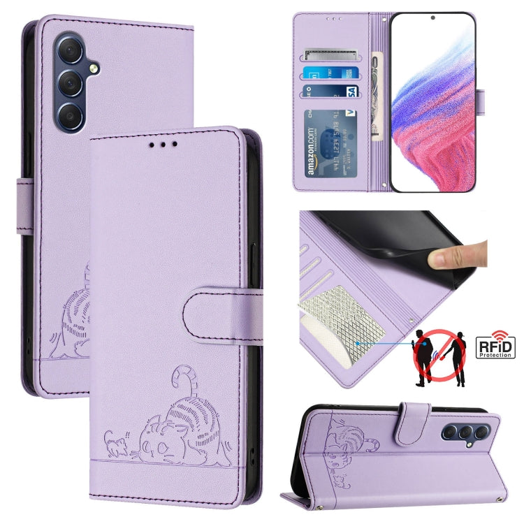 Cat Rat Embossed Pattern RFID Leather Phone Case with Lanyard, For Samsung Galaxy M34 5G/F34 5G, For Samsung Galaxy A25 5G Global, For Samsung Galaxy M54 5G Global/F54 5G, For Samsung Galaxy M14 5G Global, For Samsung Galaxy A24 4G                     ...