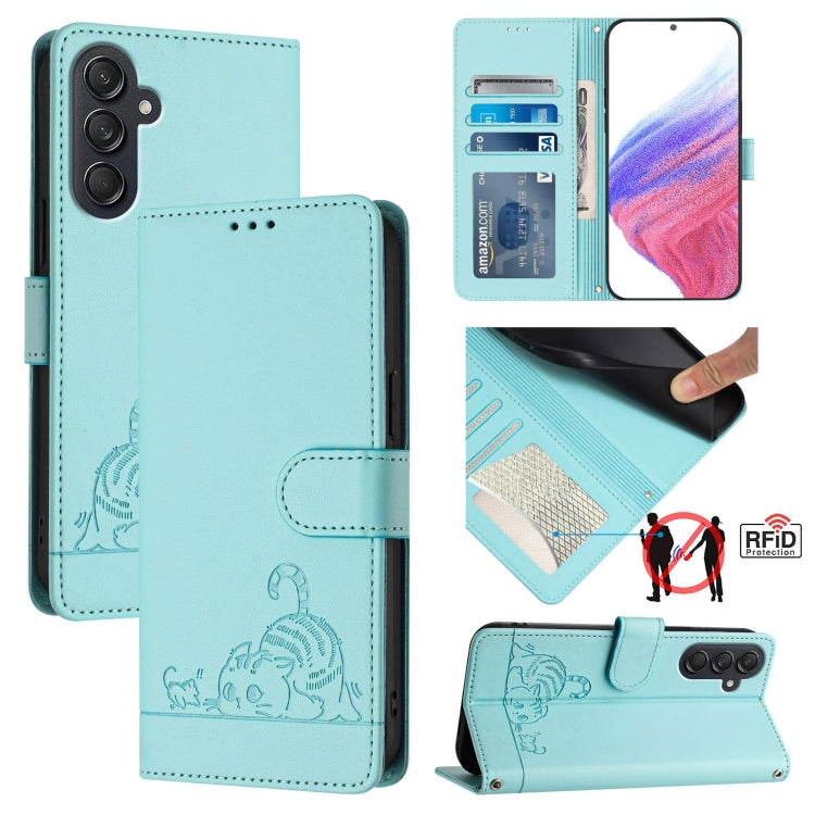 Cat Rat Embossed Pattern RFID Leather Phone Case with Lanyard, For Samsung Galaxy M55, For Samsung Galaxy M15 5G Global, For Samsung Galaxy F15 5G Global, For Samsung Galaxy A15 5G/4G, For Samsung Galaxy A55 5G, For Samsung Galaxy A35 5G               ...