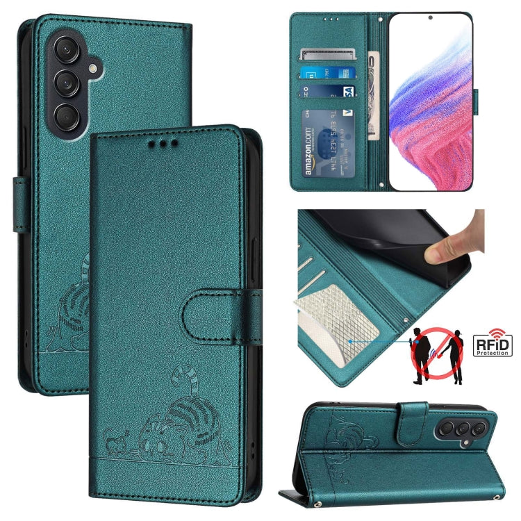 Cat Rat Embossed Pattern RFID Leather Phone Case with Lanyard, For Samsung Galaxy M55, For Samsung Galaxy M15 5G Global, For Samsung Galaxy F15 5G Global, For Samsung Galaxy A15 5G/4G, For Samsung Galaxy A55 5G, For Samsung Galaxy A35 5G               ...