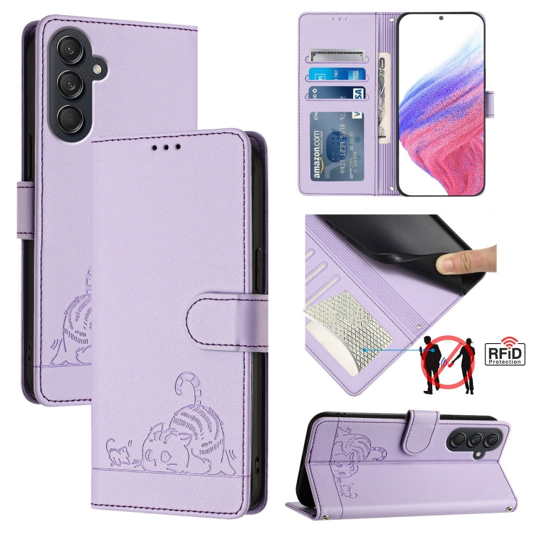Cat Rat Embossed Pattern RFID Leather Phone Case with Lanyard, For Samsung Galaxy M55, For Samsung Galaxy M15 5G Global, For Samsung Galaxy F15 5G Global, For Samsung Galaxy A15 5G/4G, For Samsung Galaxy A55 5G, For Samsung Galaxy A35 5G               ...
