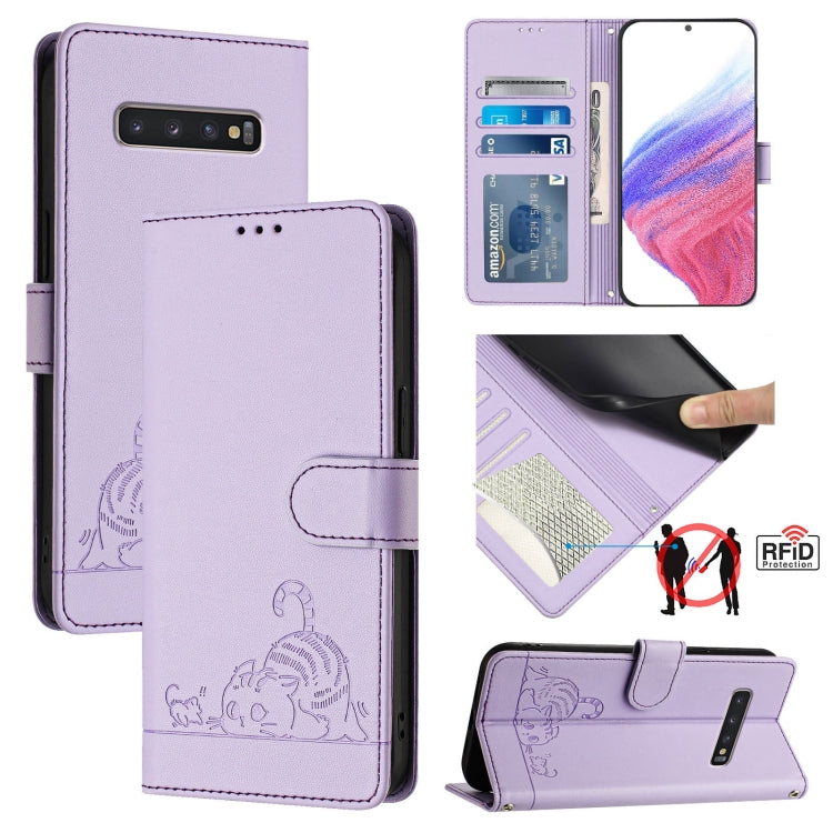 Cat Rat Embossed Pattern RFID Leather Phone Case with Lanyard, For Samsung Galaxy Note10, For Samsung Galaxy Note10+, For Samsung Galaxy Xcover 4/Xcover 4s, For Samsung Galaxy S10e, For Samsung Galaxy S10+, For Samsung Galaxy S10