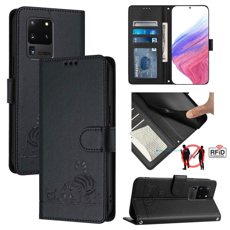 Cat Rat Embossed Pattern RFID Leather Phone Case with Lanyard, For Samsung Galaxy S21 5G, For Samsung Galaxy S21+ 5G, For Samsung Galaxy S21 Ultra 5G, For Samsung Galaxy Note20 Ultra, For Samsung Galaxy Note20, For Samsung Galaxy S20 Ultra             ...