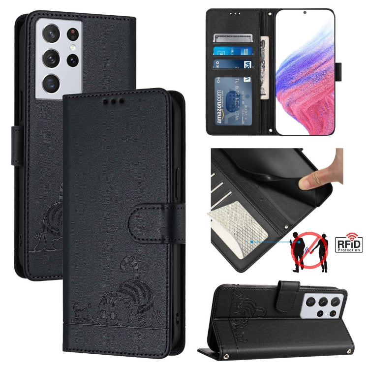 Cat Rat Embossed Pattern RFID Leather Phone Case with Lanyard, For Samsung Galaxy S21 5G, For Samsung Galaxy S21+ 5G, For Samsung Galaxy S21 Ultra 5G, For Samsung Galaxy Note20 Ultra, For Samsung Galaxy Note20, For Samsung Galaxy S20 Ultra             ...