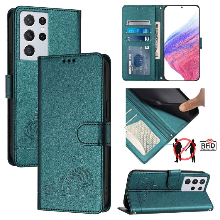 Cat Rat Embossed Pattern RFID Leather Phone Case with Lanyard, For Samsung Galaxy S21 5G, For Samsung Galaxy S21+ 5G, For Samsung Galaxy S21 Ultra 5G, For Samsung Galaxy Note20 Ultra, For Samsung Galaxy Note20, For Samsung Galaxy S20 Ultra             ...