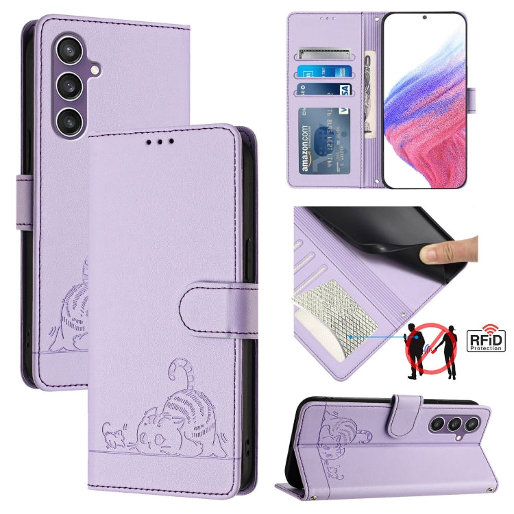 Cat Rat Embossed Pattern RFID Leather Phone Case with Lanyard, For Samsung Galaxy Xcover7, For Samsung Galaxy S24 Ultra 5G, For Samsung Galaxy S24+ 5G, For Samsung Galaxy S24 5G, For Samsung Galaxy S23 FE 5G, For Samsung Galaxy S23 Ultra 5G            ...