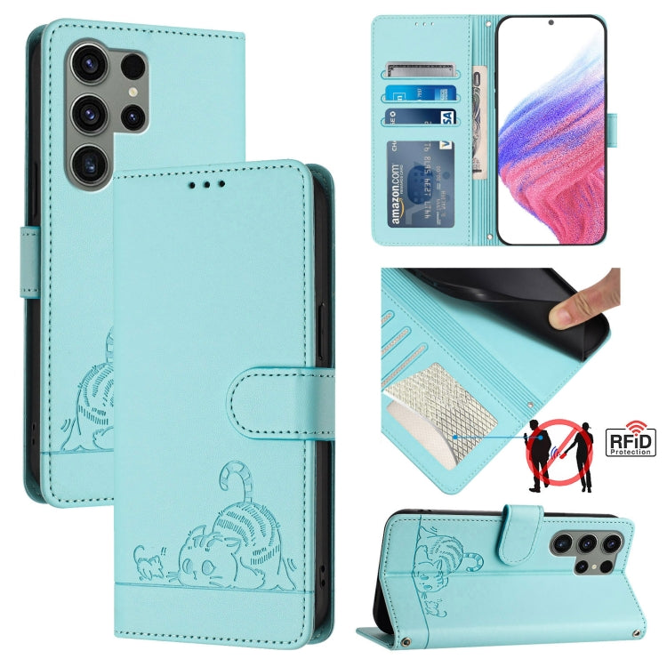 Cat Rat Embossed Pattern RFID Leather Phone Case with Lanyard, For Samsung Galaxy Xcover7, For Samsung Galaxy S24 Ultra 5G, For Samsung Galaxy S24+ 5G, For Samsung Galaxy S24 5G, For Samsung Galaxy S23 FE 5G, For Samsung Galaxy S23 Ultra 5G            ...