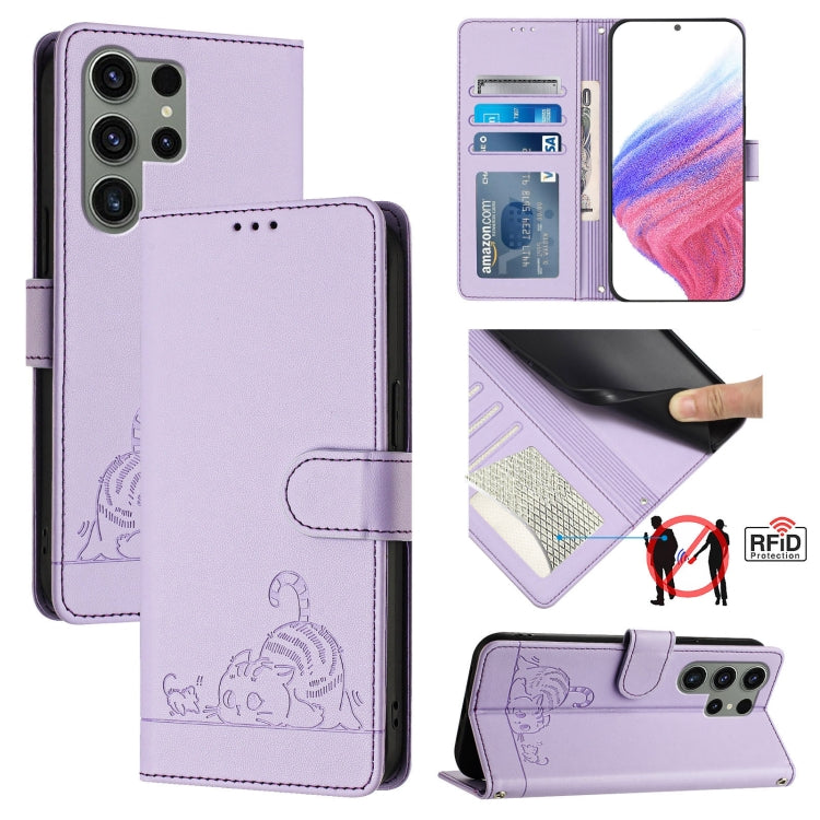 Cat Rat Embossed Pattern RFID Leather Phone Case with Lanyard, For Samsung Galaxy Xcover7, For Samsung Galaxy S24 Ultra 5G, For Samsung Galaxy S24+ 5G, For Samsung Galaxy S24 5G, For Samsung Galaxy S23 FE 5G, For Samsung Galaxy S23 Ultra 5G            ...