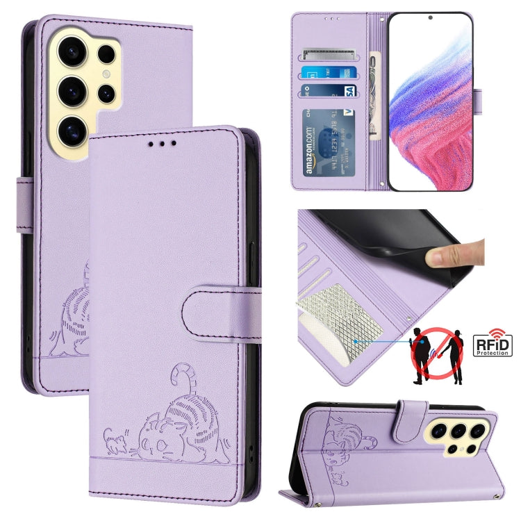 Cat Rat Embossed Pattern RFID Leather Phone Case with Lanyard, For Samsung Galaxy Xcover7, For Samsung Galaxy S24 Ultra 5G, For Samsung Galaxy S24+ 5G, For Samsung Galaxy S24 5G, For Samsung Galaxy S23 FE 5G, For Samsung Galaxy S23 Ultra 5G            ...