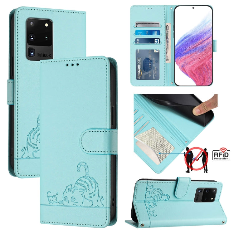 Cat Rat Embossed Pattern RFID Leather Phone Case with Lanyard, For Samsung Galaxy S21 5G, For Samsung Galaxy S21+ 5G, For Samsung Galaxy S21 Ultra 5G, For Samsung Galaxy Note20 Ultra, For Samsung Galaxy Note20, For Samsung Galaxy S20 Ultra             ...