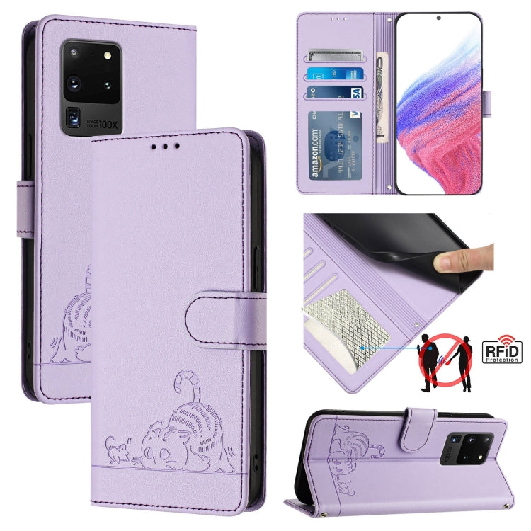 Cat Rat Embossed Pattern RFID Leather Phone Case with Lanyard, For Samsung Galaxy S21 5G, For Samsung Galaxy S21+ 5G, For Samsung Galaxy S21 Ultra 5G, For Samsung Galaxy Note20 Ultra, For Samsung Galaxy Note20, For Samsung Galaxy S20 Ultra             ...