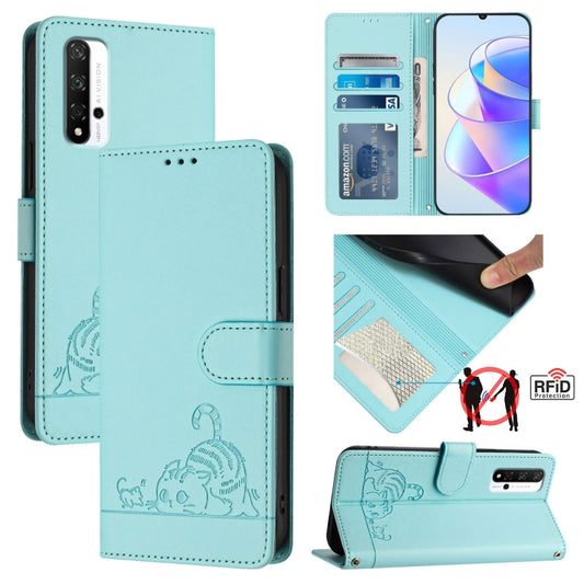 Cat Rat Embossed Pattern RFID Leather Phone Case with Lanyard, For Honor 20 4G/20 Pro 4G/20S 4G, For Honor 9X 4G Global