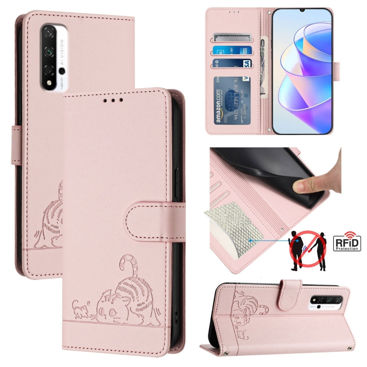 Cat Rat Embossed Pattern RFID Leather Phone Case with Lanyard, For Honor 20 4G/20 Pro 4G/20S 4G, For Honor 9X 4G Global