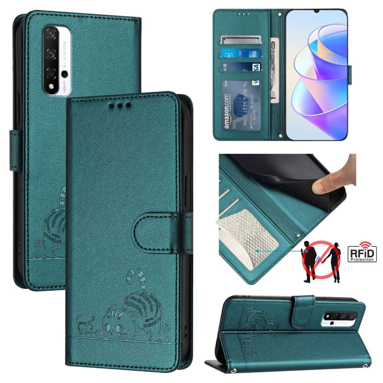 Cat Rat Embossed Pattern RFID Leather Phone Case with Lanyard, For Honor 20 4G/20 Pro 4G/20S 4G, For Honor 9X 4G Global