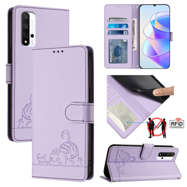 Cat Rat Embossed Pattern RFID Leather Phone Case with Lanyard, For Honor 20 4G/20 Pro 4G/20S 4G, For Honor 9X 4G Global