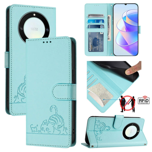 Cat Rat Embossed Pattern RFID Leather Phone Case with Lanyard, For Honor X40 5G/X9a 5G/Magic5 Lite, For Honor 80 GT 5G, For Honor 80 5G, For Honor X8 5G Global/X6 4G Global, For Honor X30 5G/X9 5G/X9 4G, For Honor X40i 5G, For Honor 70 Pro 5G          ...