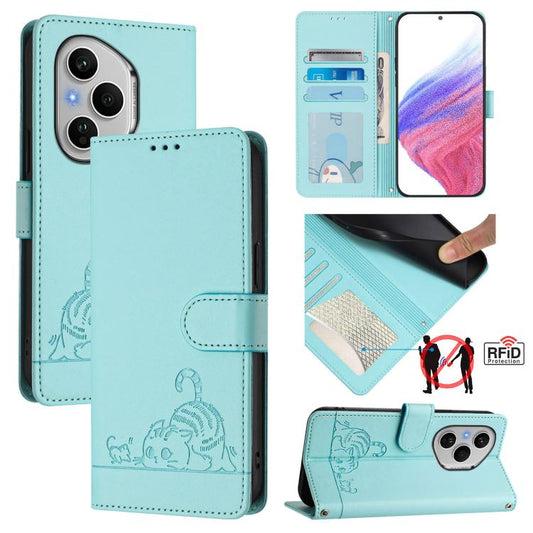 Cat Rat Embossed Pattern RFID Leather Phone Case with Lanyard, For Honor 400 Pro 5G 160.8mm Global, For Honor Power 5G, For Honor Play 60 5G, For Honor 400 Lite Global, For Honor X8c 4G Global, For Honor X9c Smart 5G Global, For Honor X9c 5G Global    ...