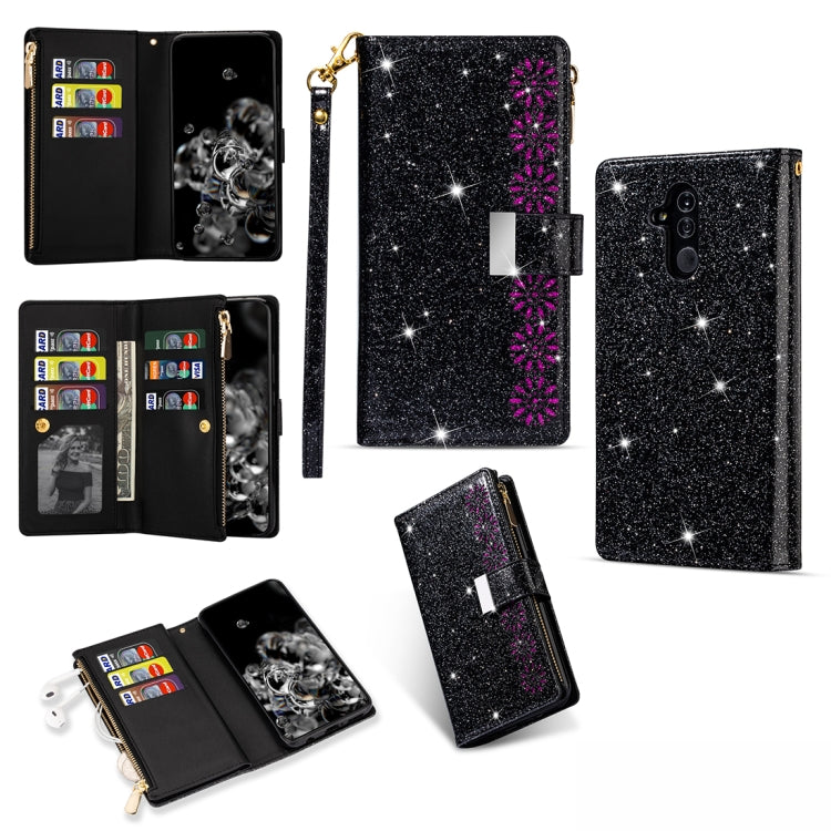 Multi-card Slots Starry Sky Laser Carving Glitter Zipper Horizontal Flip Leather Case with Holder & Wallet & Lanyard, For Huawei Mate 10 Lite, For Huawei Mate 10 Pro, For Huawei Mate 20, For Huawei Mate 20 lite, For Huawei Mate 20 Pro, For Huawei P20 l...