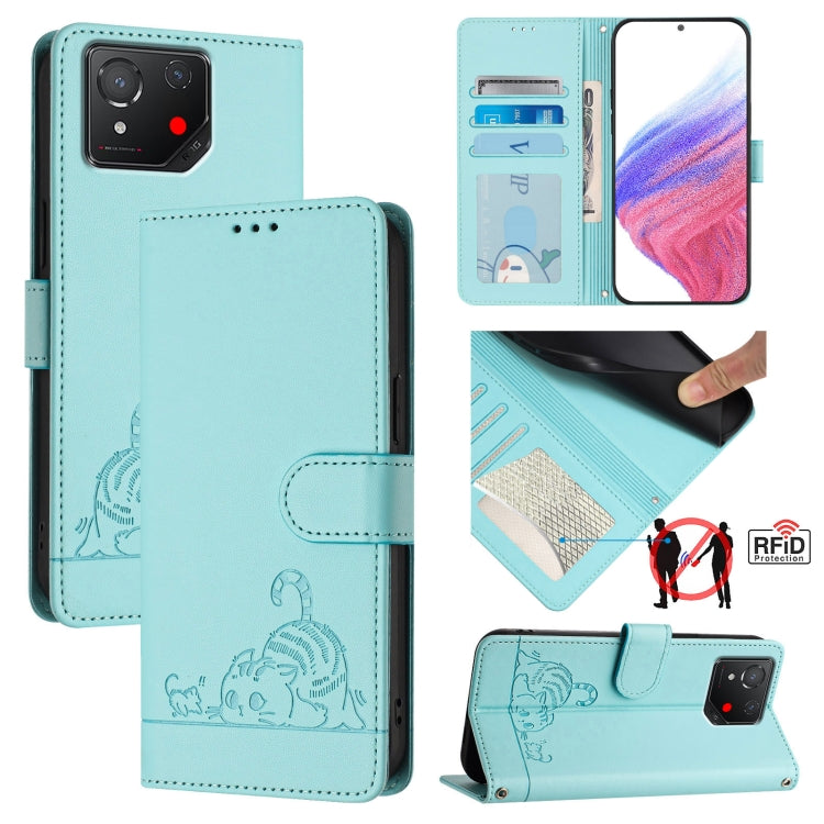 Cat Rat Embossed Pattern RFID Leather Phone Case with Lanyard, For Asus ROG Phone 9 / 9 Pro, For Asus Zenfone 11 Ultra, For Asus ROG Phone 8