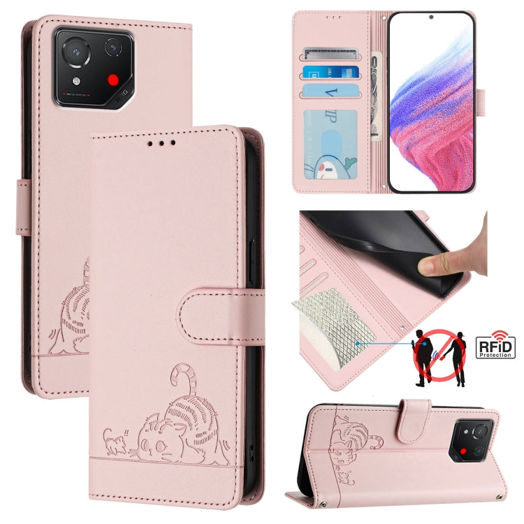 Cat Rat Embossed Pattern RFID Leather Phone Case with Lanyard, For Asus ROG Phone 9 / 9 Pro, For Asus Zenfone 11 Ultra, For Asus ROG Phone 8