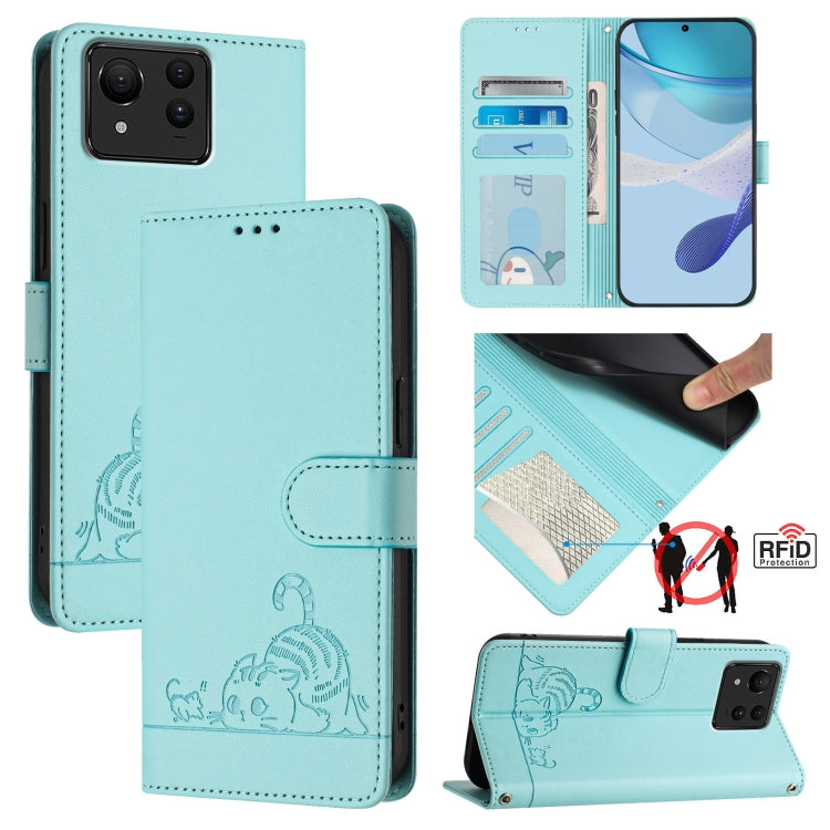 Cat Rat Embossed Pattern RFID Leather Phone Case with Lanyard, For Asus ROG Phone 9 / 9 Pro, For Asus Zenfone 11 Ultra, For Asus ROG Phone 8
