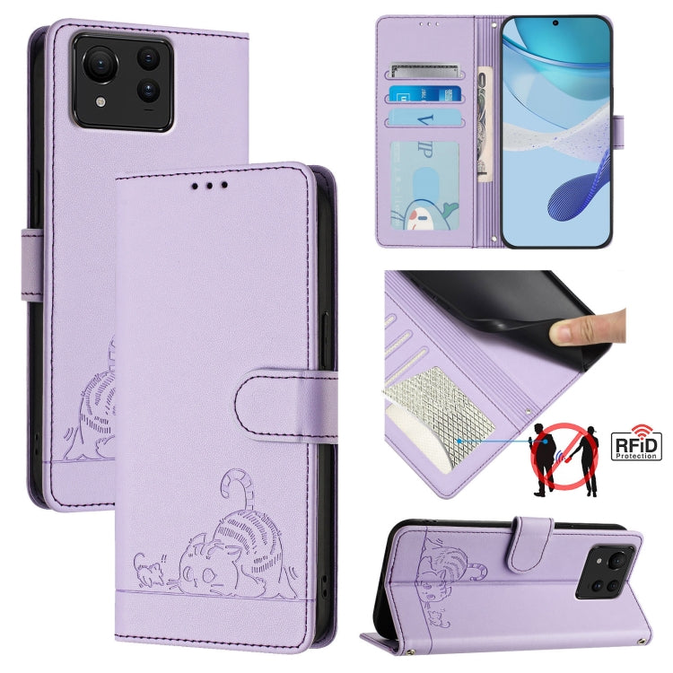 Cat Rat Embossed Pattern RFID Leather Phone Case with Lanyard, For Asus ROG Phone 9 / 9 Pro, For Asus Zenfone 11 Ultra, For Asus ROG Phone 8