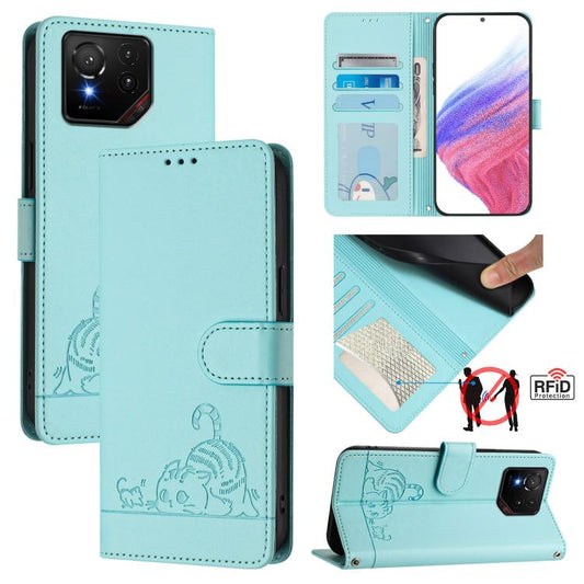 Cat Rat Embossed Pattern RFID Leather Phone Case with Lanyard, For Asus ROG Phone 9 / 9 Pro, For Asus Zenfone 11 Ultra, For Asus ROG Phone 8