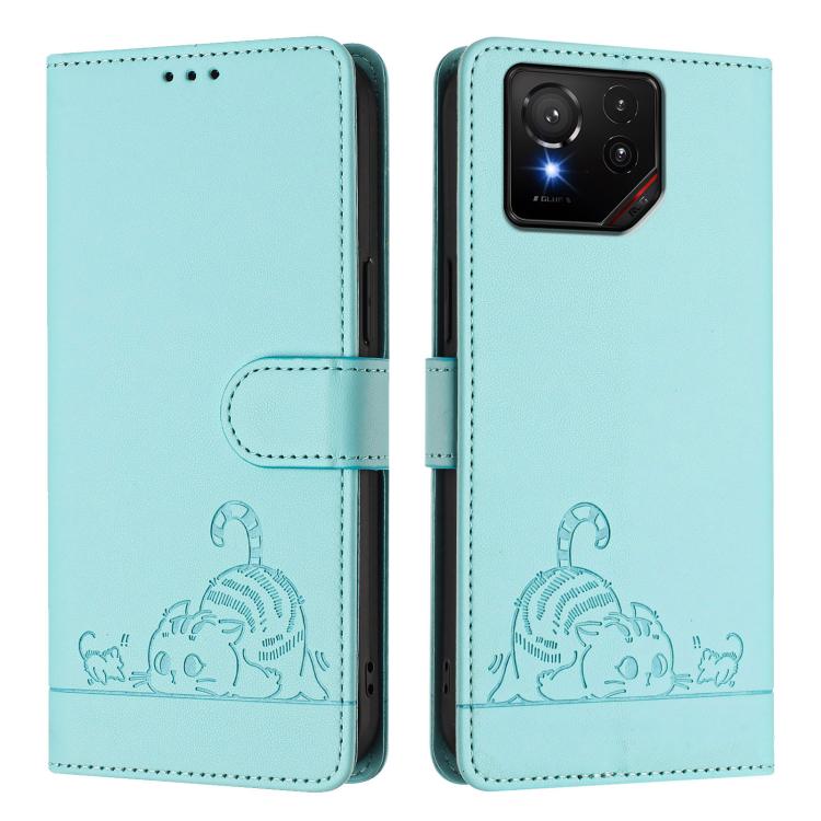 Cat Rat Embossed Pattern RFID Leather Phone Case with Lanyard, For Asus ROG Phone 9 / 9 Pro, For Asus Zenfone 11 Ultra, For Asus ROG Phone 8