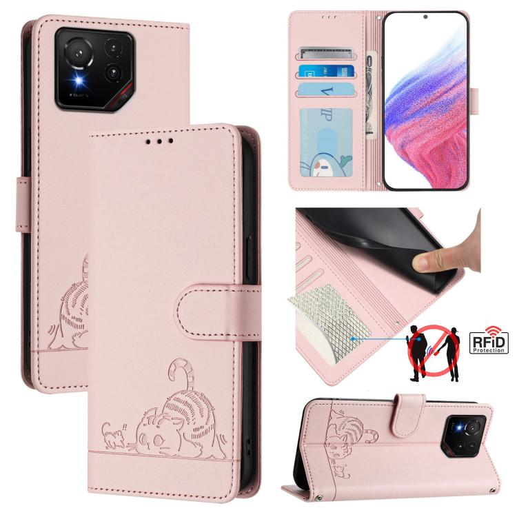 Cat Rat Embossed Pattern RFID Leather Phone Case with Lanyard, For Asus ROG Phone 9 / 9 Pro, For Asus Zenfone 11 Ultra, For Asus ROG Phone 8