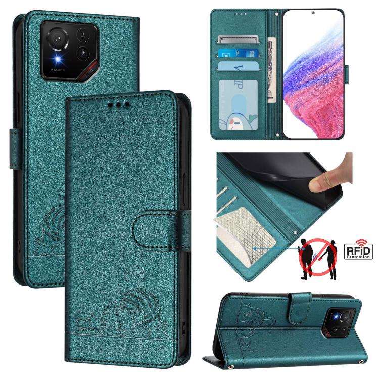 Cat Rat Embossed Pattern RFID Leather Phone Case with Lanyard, For Asus ROG Phone 9 / 9 Pro, For Asus Zenfone 11 Ultra, For Asus ROG Phone 8