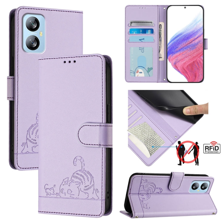 Cat Rat Embossed Pattern RFID Leather Phone Case with Lanyard, For Blackview Wave 6C, For Blackview Shark 8, For Blackview A53, For Blackview A52