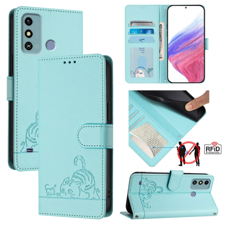 Cat Rat Embossed Pattern RFID Leather Phone Case with Lanyard, For ZTE Blade V50 Vita, For ZTE Blade A53 Pro, For ZTE Blade A53, For ZTE Blade A52 Lite, For ZTE Blade V60 / Axon 60 4G, For ZTE Blade A52