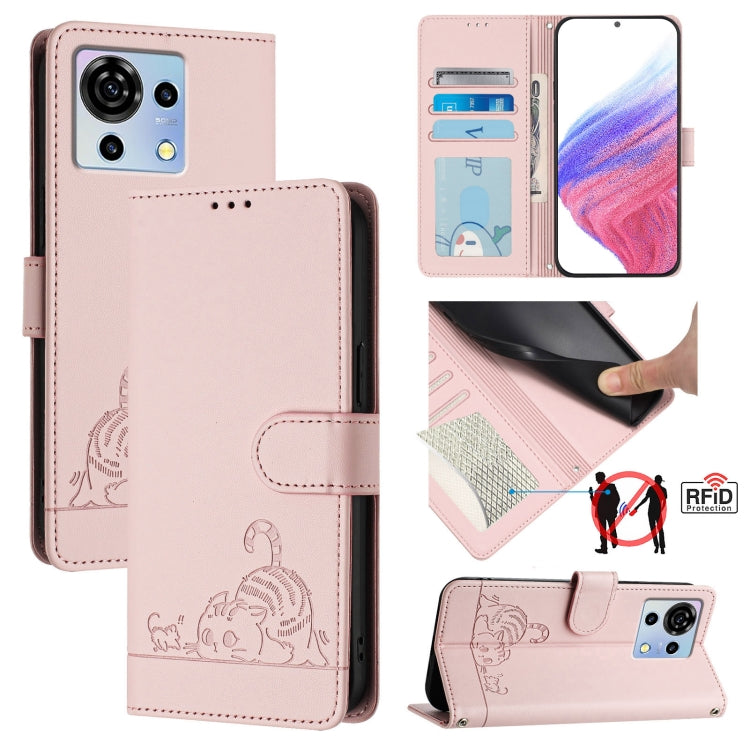 Cat Rat Embossed Pattern RFID Leather Phone Case with Lanyard, For ZTE Blade V50 Vita, For ZTE Blade A53 Pro, For ZTE Blade A53, For ZTE Blade A52 Lite, For ZTE Blade V60 / Axon 60 4G, For ZTE Blade A52