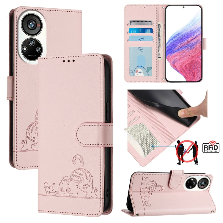 Cat Rat Embossed Pattern RFID Leather Phone Case with Lanyard, For ZTE Blade A35 Lite, For ZTE Blade V60 Design, For ZTE Blade A75 5G, For ZTE Blade A75 4G, For ZTE Blade A35 / A55, For ZTE Blade V40s, For ZTE Blade A73 5G, For ZTE Blade A73 4G