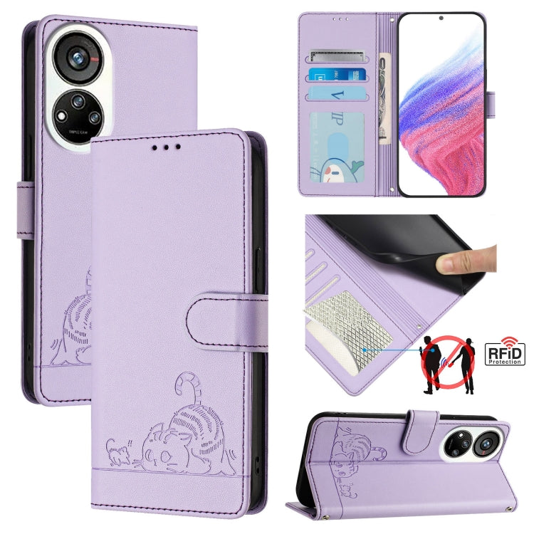 Cat Rat Embossed Pattern RFID Leather Phone Case with Lanyard, For ZTE Blade A35 Lite, For ZTE Blade V60 Design, For ZTE Blade A75 5G, For ZTE Blade A75 4G, For ZTE Blade A35 / A55, For ZTE Blade V40s, For ZTE Blade A73 5G, For ZTE Blade A73 4G