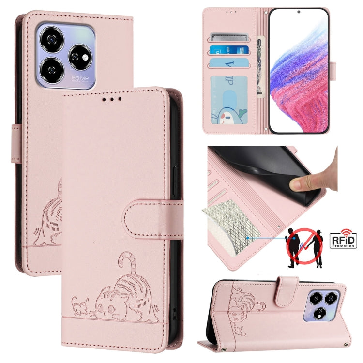 Cat Rat Embossed Pattern RFID Leather Phone Case with Lanyard, For ZTE Blade V50 Vita, For ZTE Blade A53 Pro, For ZTE Blade A53, For ZTE Blade A52 Lite, For ZTE Blade V60 / Axon 60 4G, For ZTE Blade A52