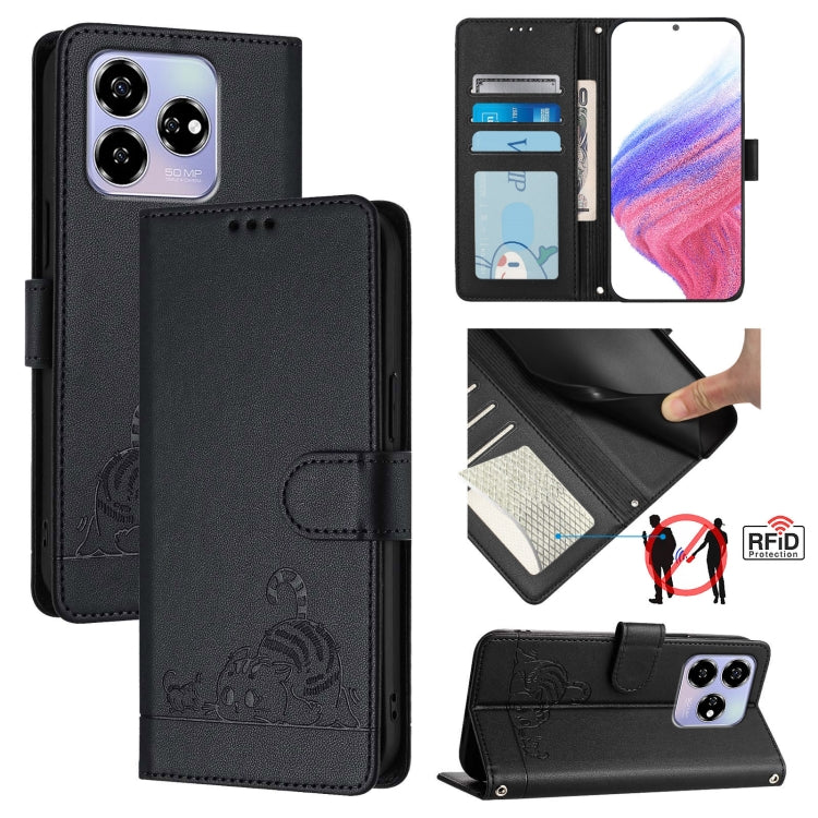 Cat Rat Embossed Pattern RFID Leather Phone Case with Lanyard, For ZTE Blade V50 Vita, For ZTE Blade A53 Pro, For ZTE Blade A53, For ZTE Blade A52 Lite, For ZTE Blade V60 / Axon 60 4G, For ZTE Blade A52