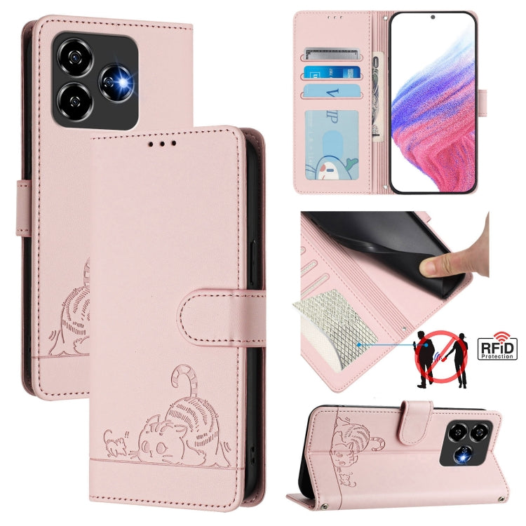 Cat Rat Embossed Pattern RFID Leather Phone Case with Lanyard, For ZTE Blade A35 Lite, For ZTE Blade V60 Design, For ZTE Blade A75 5G, For ZTE Blade A75 4G, For ZTE Blade A35 / A55, For ZTE Blade V40s, For ZTE Blade A73 5G, For ZTE Blade A73 4G