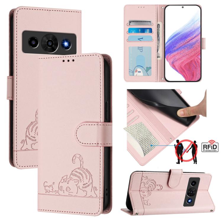 Cat Rat Embossed Pattern RFID Leather Phone Case with Lanyard, For ZTE nubia Neo 5 5G, For ZTE nubia Neo 5 GT 5G, For ZTE Optus X Value 5G, For ZTE Optus X Pro 2 5G, For ZTE nubia RedMagic 11 Air, For ZTE Blade A75 Pro 5G, For ZTE Blade A76 4G         ...