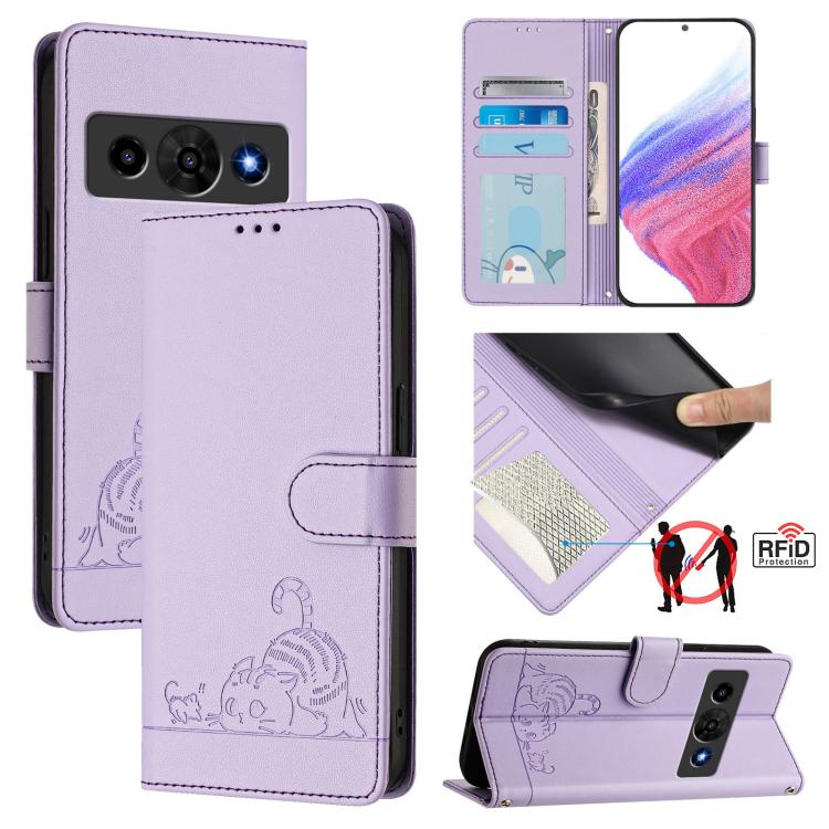 Cat Rat Embossed Pattern RFID Leather Phone Case with Lanyard, For ZTE nubia Neo 5 5G, For ZTE nubia Neo 5 GT 5G, For ZTE Optus X Value 5G, For ZTE Optus X Pro 2 5G, For ZTE nubia RedMagic 11 Air, For ZTE Blade A75 Pro 5G, For ZTE Blade A76 4G         ...