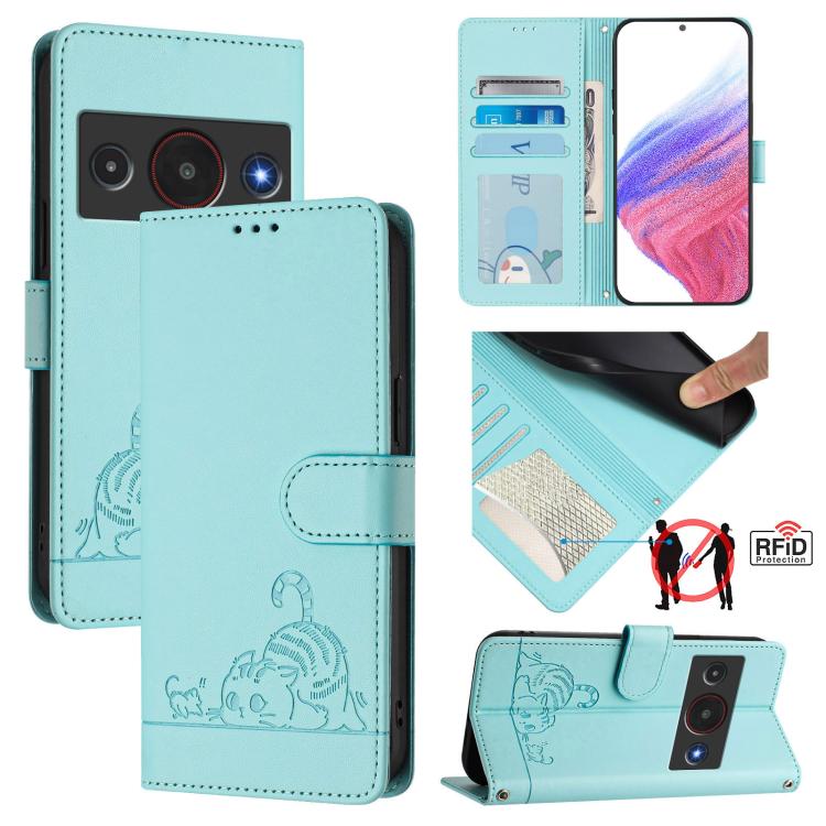 Cat Rat Embossed Pattern RFID Leather Phone Case with Lanyard, For ZTE nubia Neo 5 5G, For ZTE nubia Neo 5 GT 5G, For ZTE Optus X Value 5G, For ZTE Optus X Pro 2 5G, For ZTE nubia RedMagic 11 Air, For ZTE Blade A75 Pro 5G, For ZTE Blade A76 4G         ...