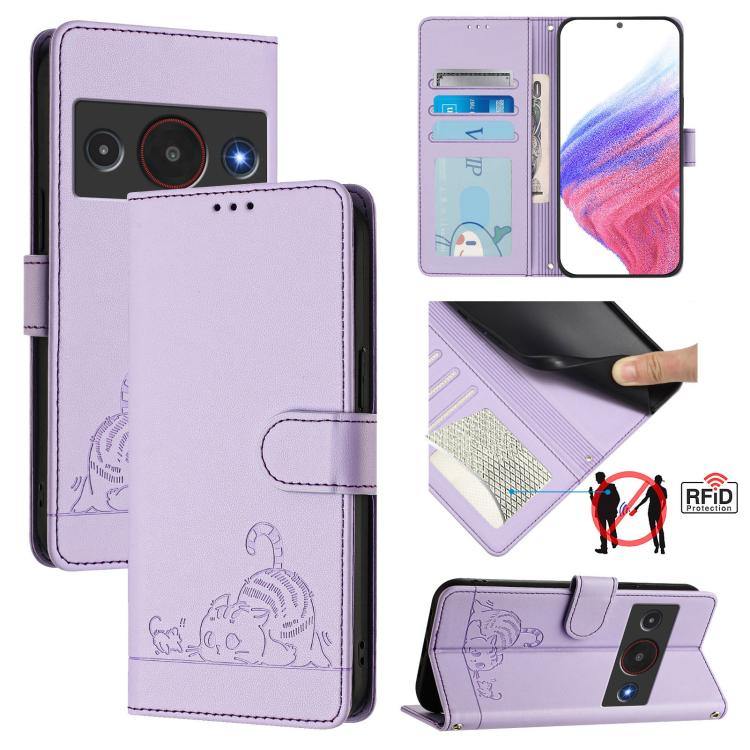 Cat Rat Embossed Pattern RFID Leather Phone Case with Lanyard, For ZTE nubia Neo 5 5G, For ZTE nubia Neo 5 GT 5G, For ZTE Optus X Value 5G, For ZTE Optus X Pro 2 5G, For ZTE nubia RedMagic 11 Air, For ZTE Blade A75 Pro 5G, For ZTE Blade A76 4G         ...