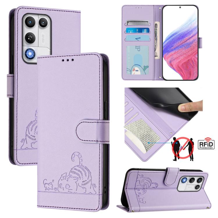 Cat Rat Embossed Pattern RFID Leather Phone Case with Lanyard, For ZTE nubia Neo 5 5G, For ZTE nubia Neo 5 GT 5G, For ZTE Optus X Value 5G, For ZTE Optus X Pro 2 5G, For ZTE nubia RedMagic 11 Air, For ZTE Blade A75 Pro 5G, For ZTE Blade A76 4G         ...