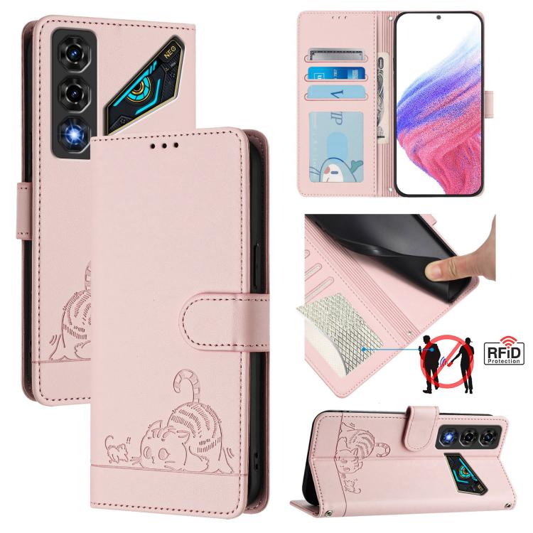 Cat Rat Embossed Pattern RFID Leather Phone Case with Lanyard, For ZTE nubia Neo 5 5G, For ZTE nubia Neo 5 GT 5G, For ZTE Optus X Value 5G, For ZTE Optus X Pro 2 5G, For ZTE nubia RedMagic 11 Air, For ZTE Blade A75 Pro 5G, For ZTE Blade A76 4G         ...