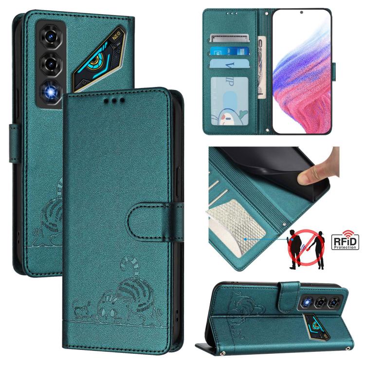 Cat Rat Embossed Pattern RFID Leather Phone Case with Lanyard, For ZTE nubia Neo 5 5G, For ZTE nubia Neo 5 GT 5G, For ZTE Optus X Value 5G, For ZTE Optus X Pro 2 5G, For ZTE nubia RedMagic 11 Air, For ZTE Blade A75 Pro 5G, For ZTE Blade A76 4G         ...